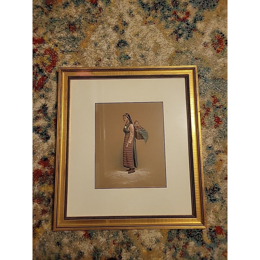 Vtg Goray Douglas "Tibetan Woman & Child" G.Douglas Framed Drawing  Signed Art